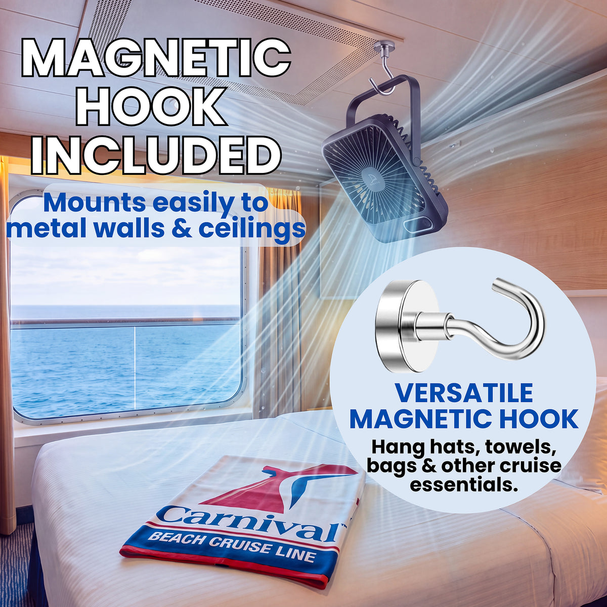 Rechargeable Cruise Fan with Magnetic Hook to Hang on Cruise Walls & Ceilings