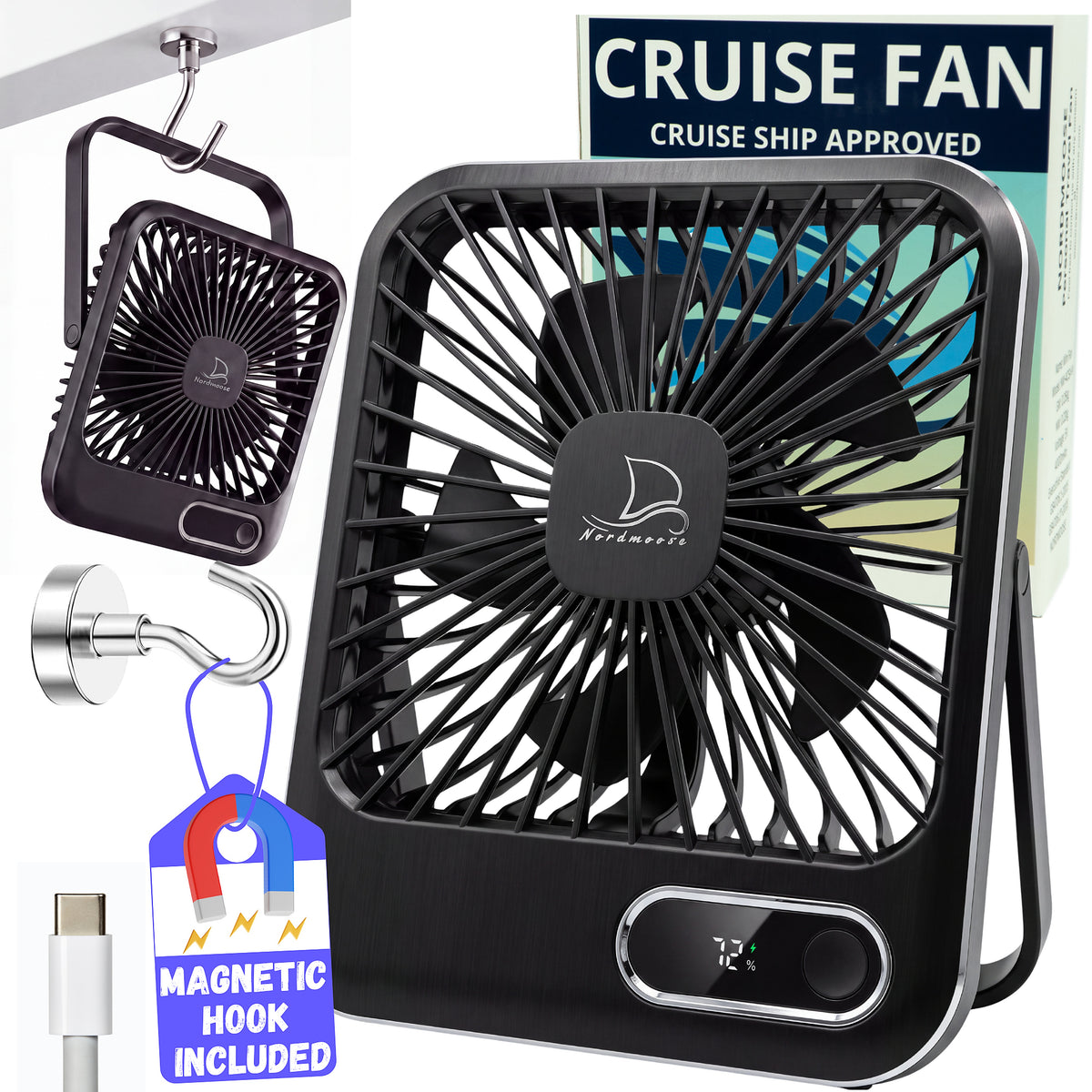 Rechargeable Cruise Fan with Magnetic Hook to Hang on Cruise Walls & Ceilings