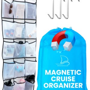 Ultra wide pocket cruise cabin organizer hanging on a metal door, holding shoes and cruise essentials, with 3 hooks for easy setup in cruise rooms, showers, or hotel stays.