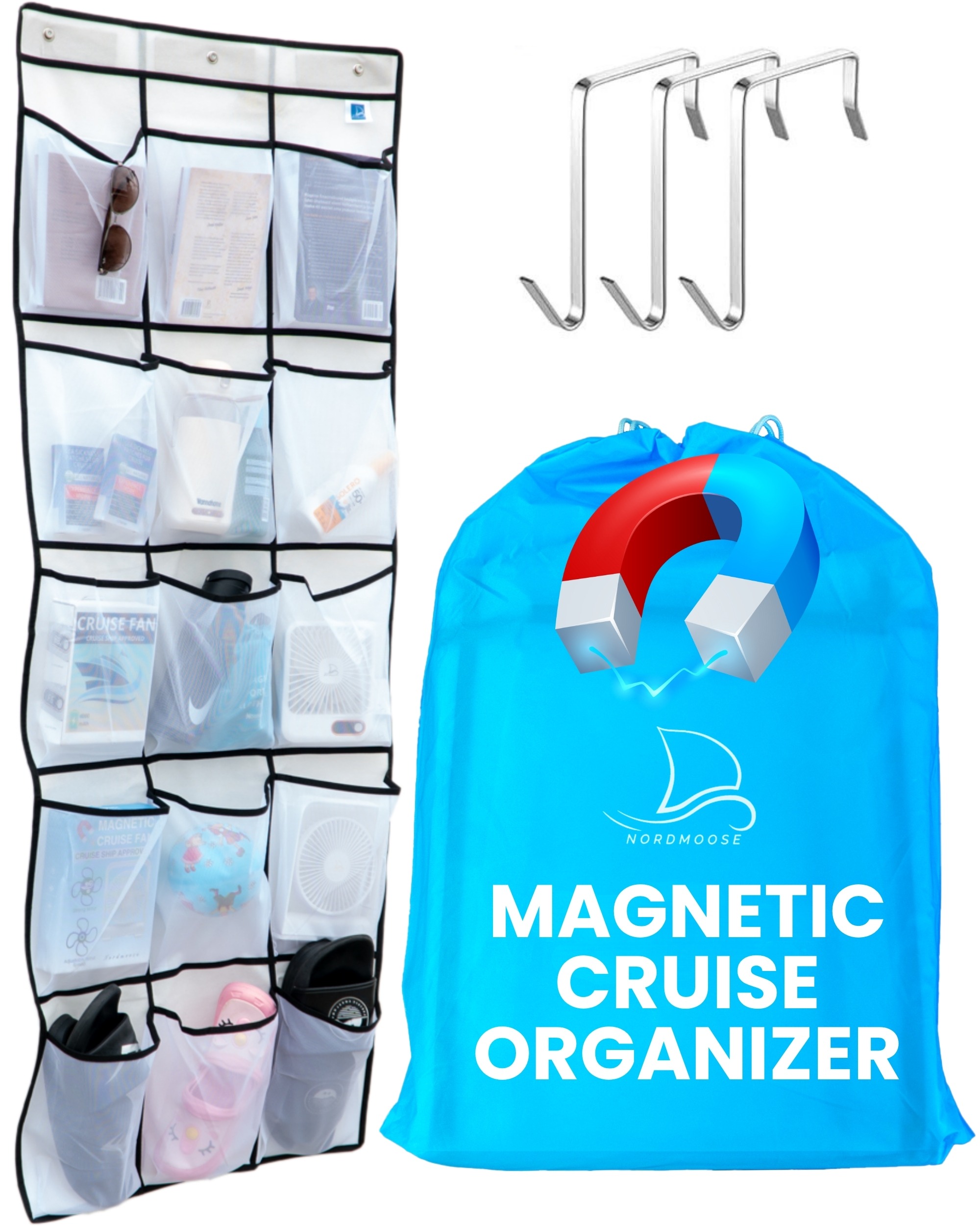 Ultra wide pocket cruise cabin organizer hanging on a metal door, holding shoes and cruise essentials, with 3 hooks for easy setup in cruise rooms, showers, or hotel stays.
